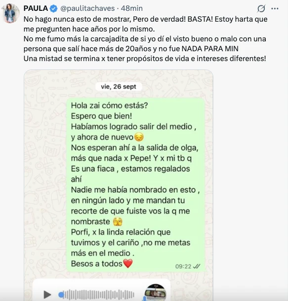 Escándalo: Paula Chaves mostró chats privados tras el "chiste" de Zaira Nara