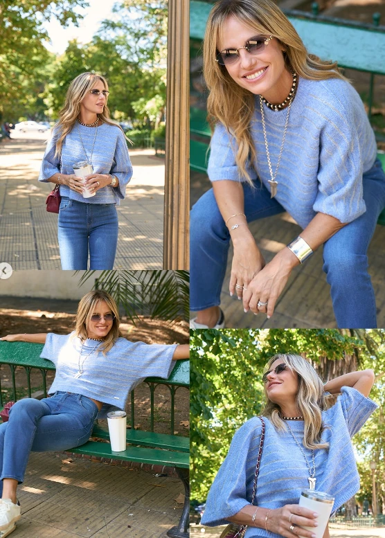 Mariana Fabbiani transforma su look monocromo con un tercer color.