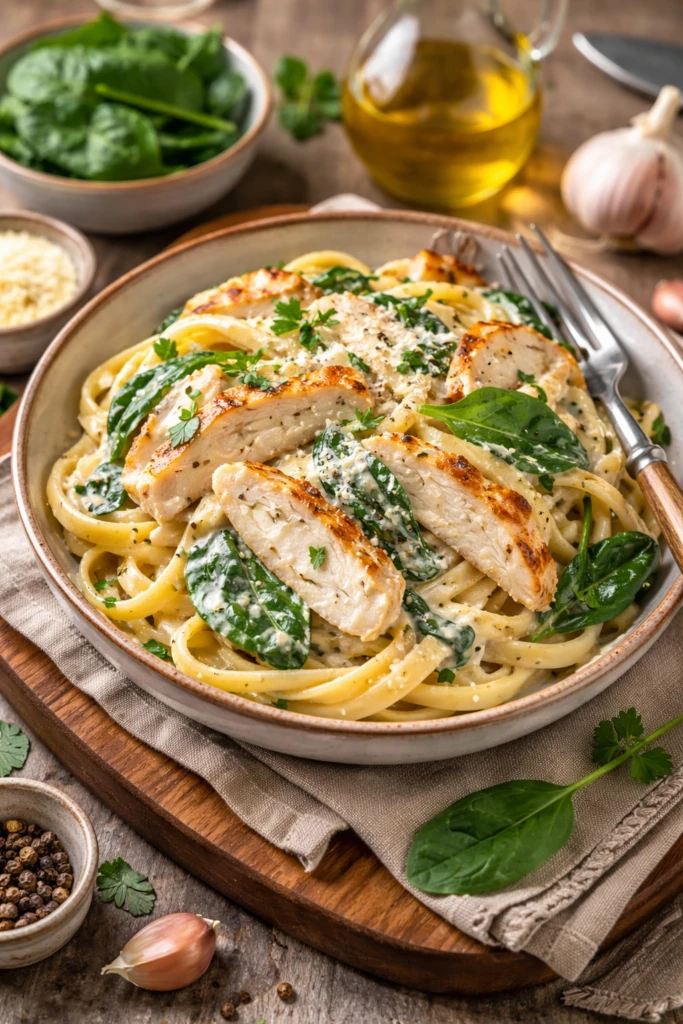 Pasta cremosa con pollo y espinacas