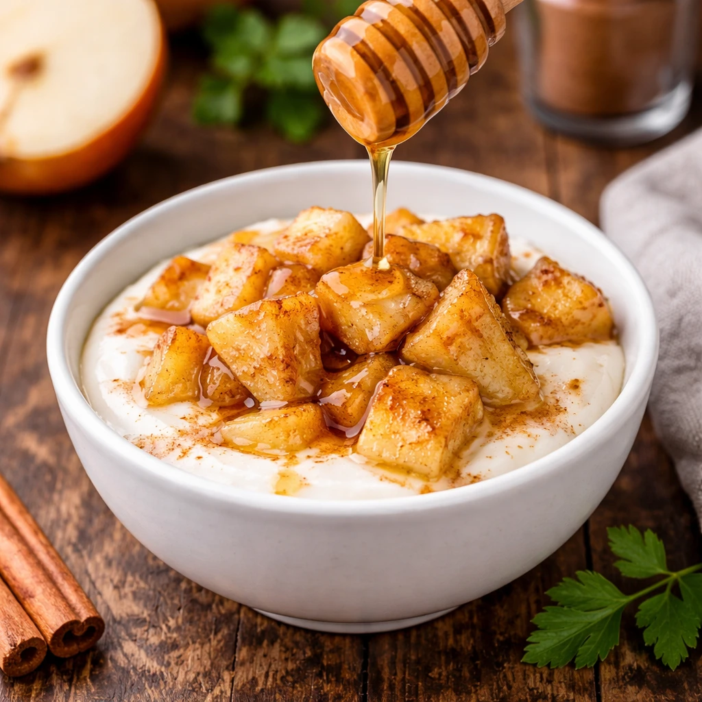 Yogur con manzanas caramelizadas y miel