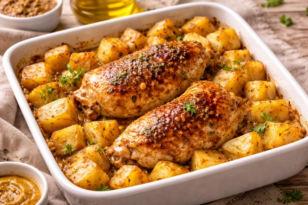 Pollo con papas y mostaza