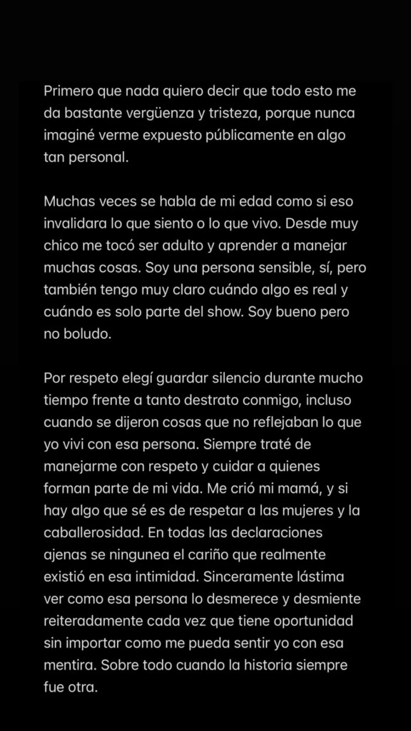 “Soy una persona sensible, pero tengo muy en claro cuándo algo es real y cuándo es parte del show” el descargo de Ian en Instagram.