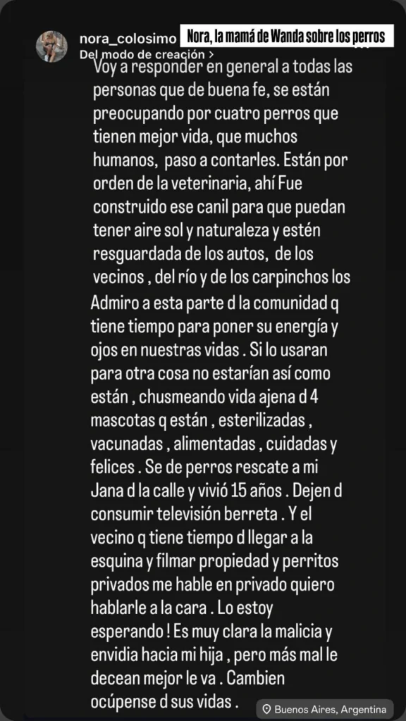 El posteo de Nora Colosimo sobre los perros que Wanda reposteó.