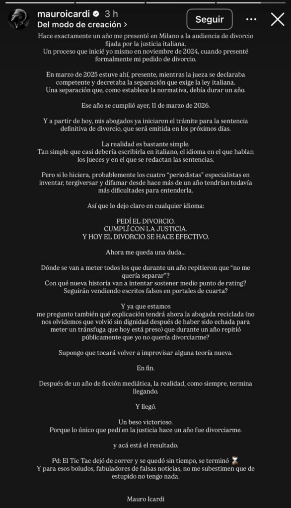 El descargo de Mauro Icardi tras cumplirse un año de su solicitud de divorcio con Wanda Nara. Foto: Instagram