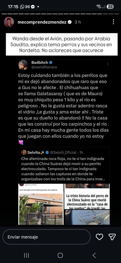 La respuesta que Wanda Nara habría posteado desde Europa sobre el tema perros en caniles. 