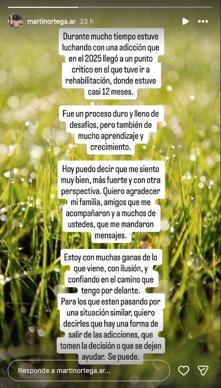 El posteo de Martín Ortega tras un año de tratamiento contra sus adicciones.