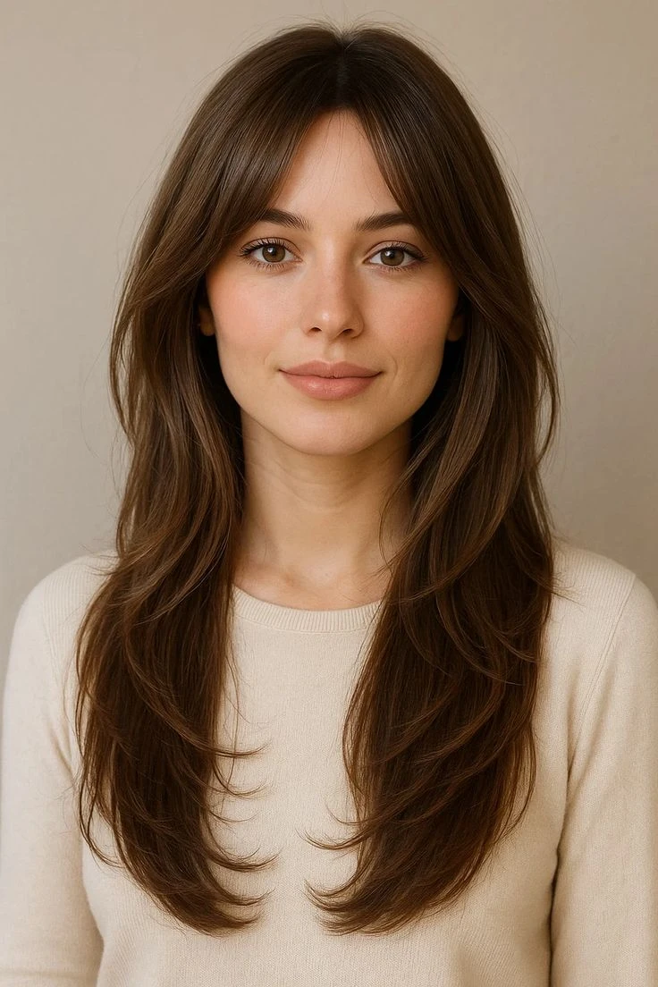 Flequillo largo y abierto.