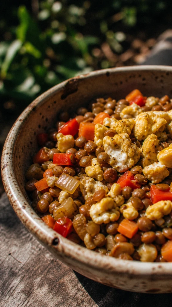 Lentejas rápidas salteadas con verduras y huevo