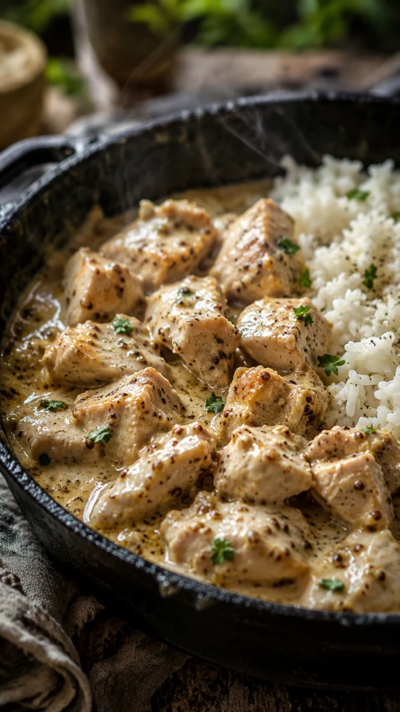Pollo cremoso con mostaza y arroz