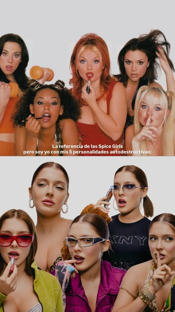 Sofía compartió algunas de las imágenes que sirvieron como referencia estética para la producción. Entre ellas apareció una icónica postal de las Spice Girls maquillándose frente al espejo, una imagen que la influencer reinterpretó en distintas poses y cambios de vestuario.