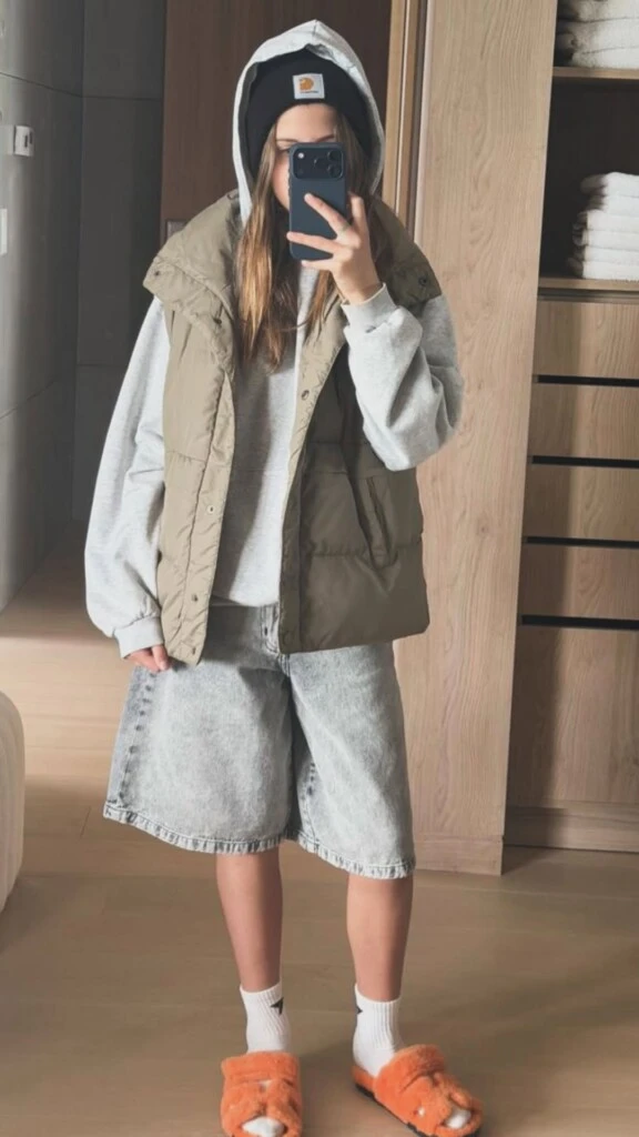 El estilismo estuvo compuesto por un buzo oversize gris con capucha, una pieza básica y versátil que se consolidó como protagonista de los looks comfy de las últimas temporadas.