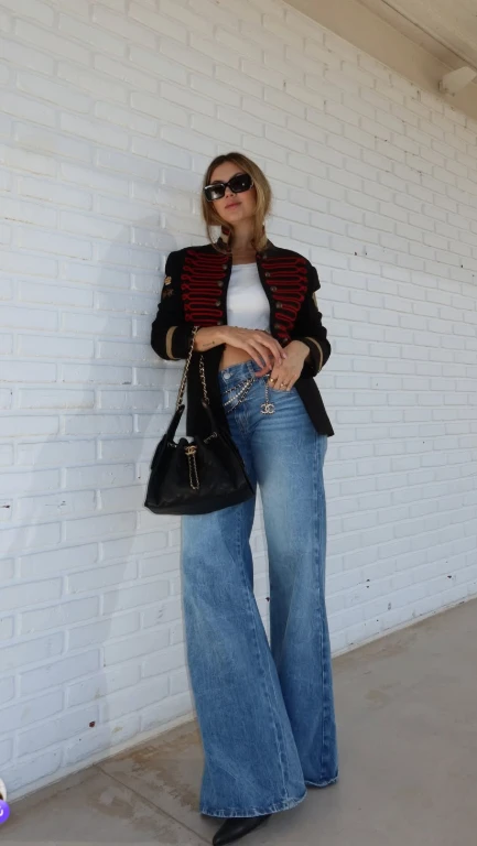 Militar chic con jeans amplios.
