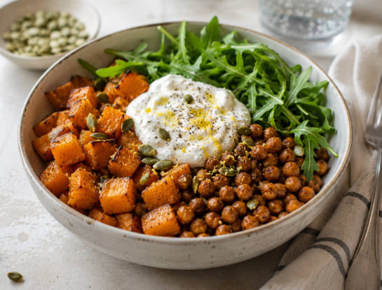 Bowl tibio de calabaza asada, garbanzos crocantes y yogur de limón: una receta saludable, fácil y nutritiva