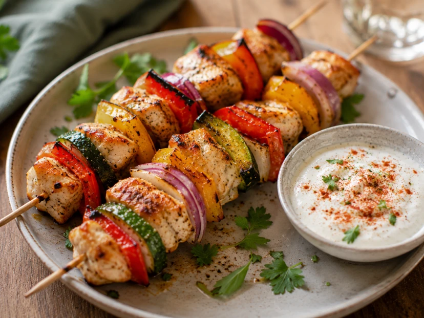 Brochettes de pollo al horno: una receta saludable con verduras y salsa de yogur especiada