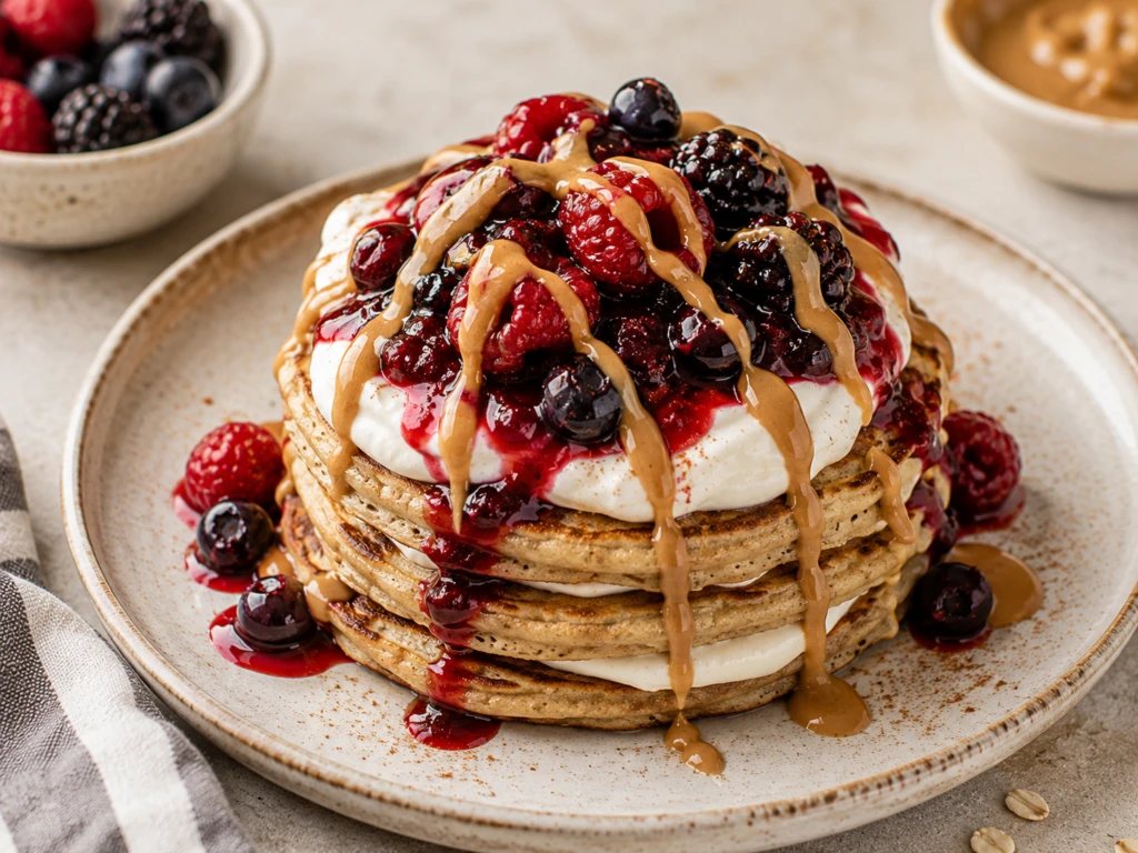 Pancakes de avena con ricota batida, frutos rojos y manteca de almendras: una receta saludable y deliciosa


