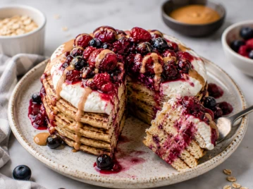 Pancakes de avena con ricota batida, frutos rojos y manteca de almendras: una receta saludable y deliciosa