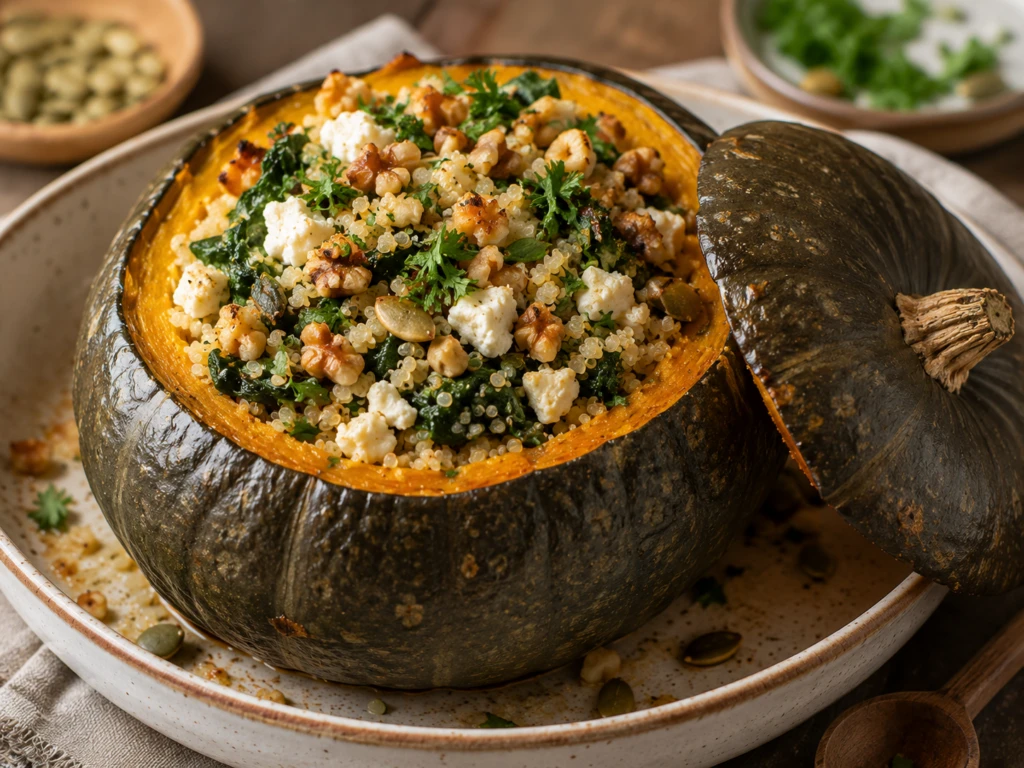 Calabaza rellena de quinoa, espinaca y queso feta: una receta saludable, completa y muy vistosa

