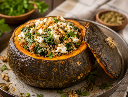 Calabaza rellena de quinoa, espinaca y queso feta: una receta saludable, completa y muy vistosa