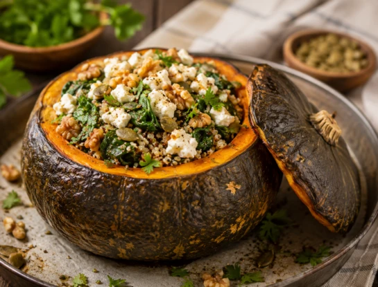 Calabaza rellena de quinoa, espinaca y queso feta: una receta saludable, completa y muy vistosa
