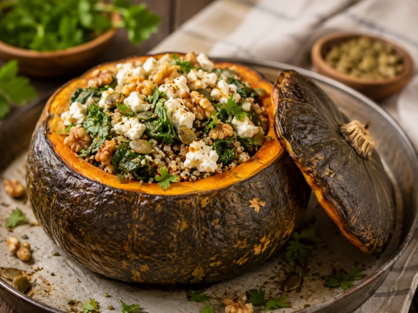 Calabaza rellena de quinoa, espinaca y queso feta: una receta saludable, completa y muy vistosa