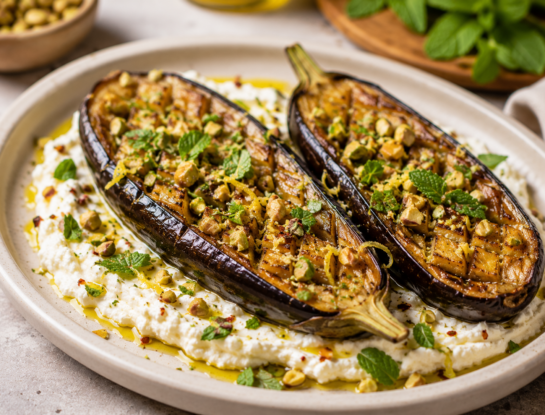 Berenjenas asadas con ricota batida y pistachos: una receta vegetariana fácil, saludable y deliciosa