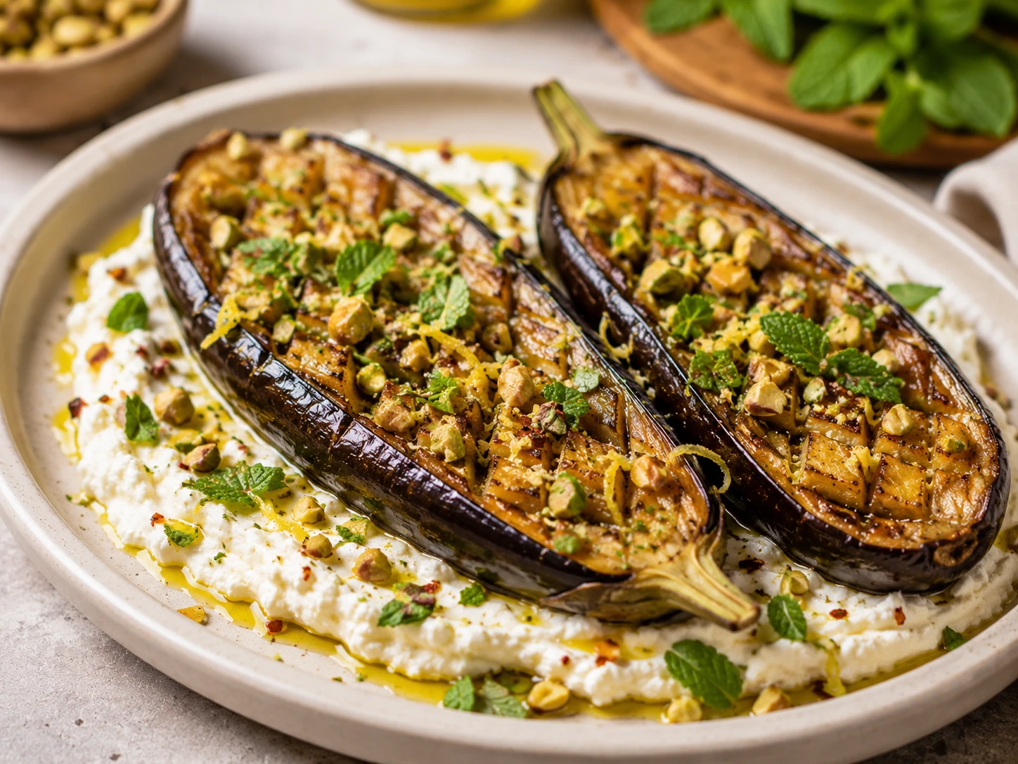 Berenjenas asadas con ricota batida y pistachos: una receta vegetariana fácil, saludable y deliciosa