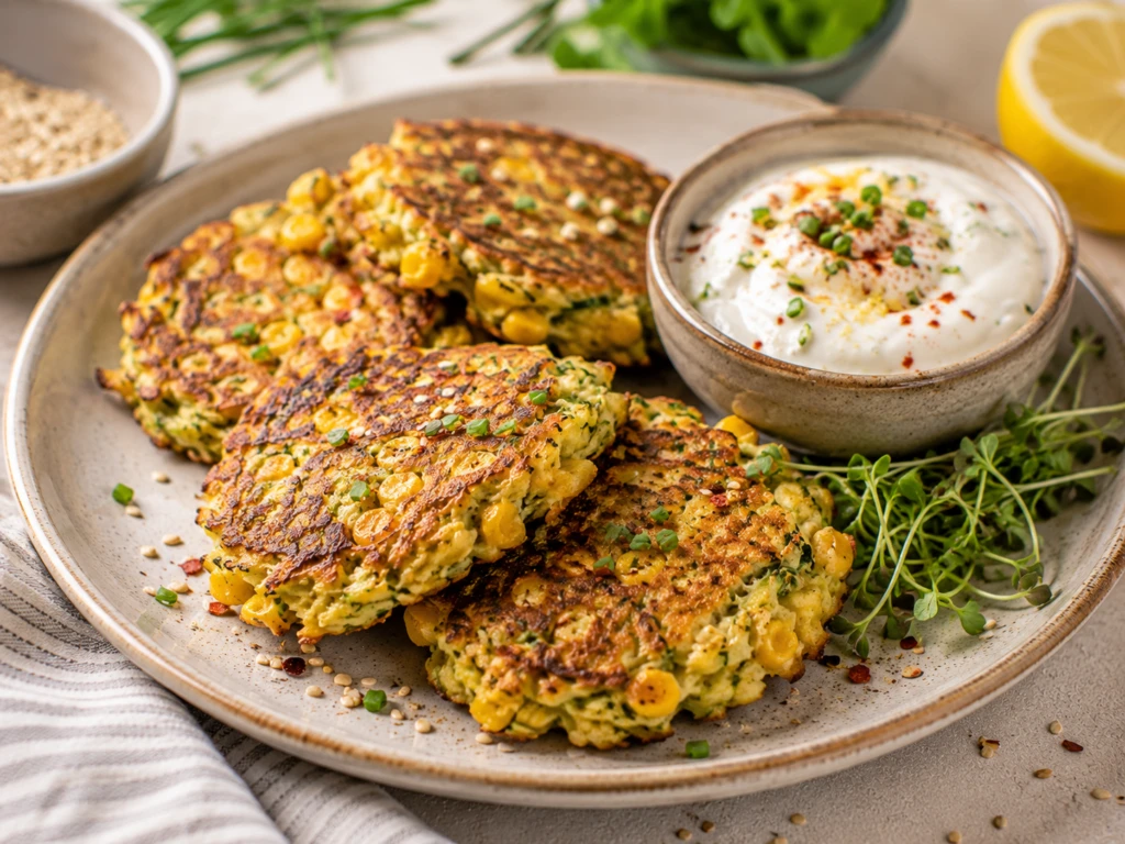 Tortitas de choclo y zucchini con yogur especiado: una receta saludable y perfecta para el brunch

