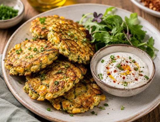 Tortitas de choclo y zucchini con yogur especiado: una receta saludable y perfecta para el brunch