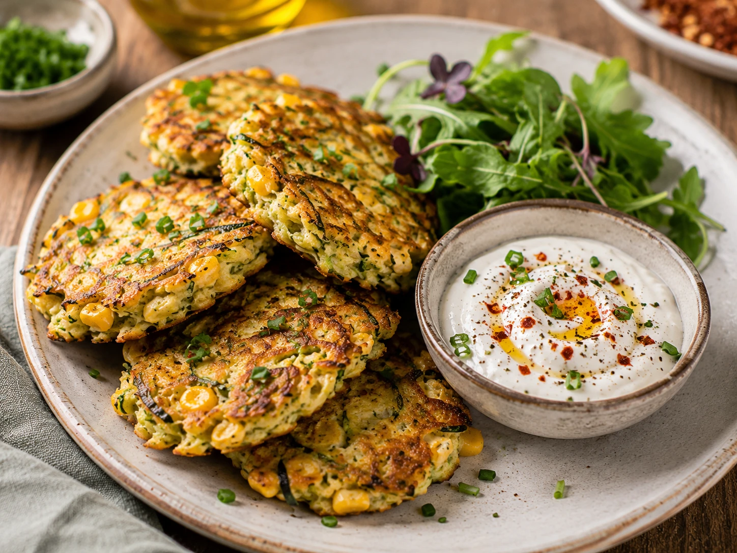 Tortitas de choclo y zucchini con yogur especiado: una receta saludable y perfecta para el brunch