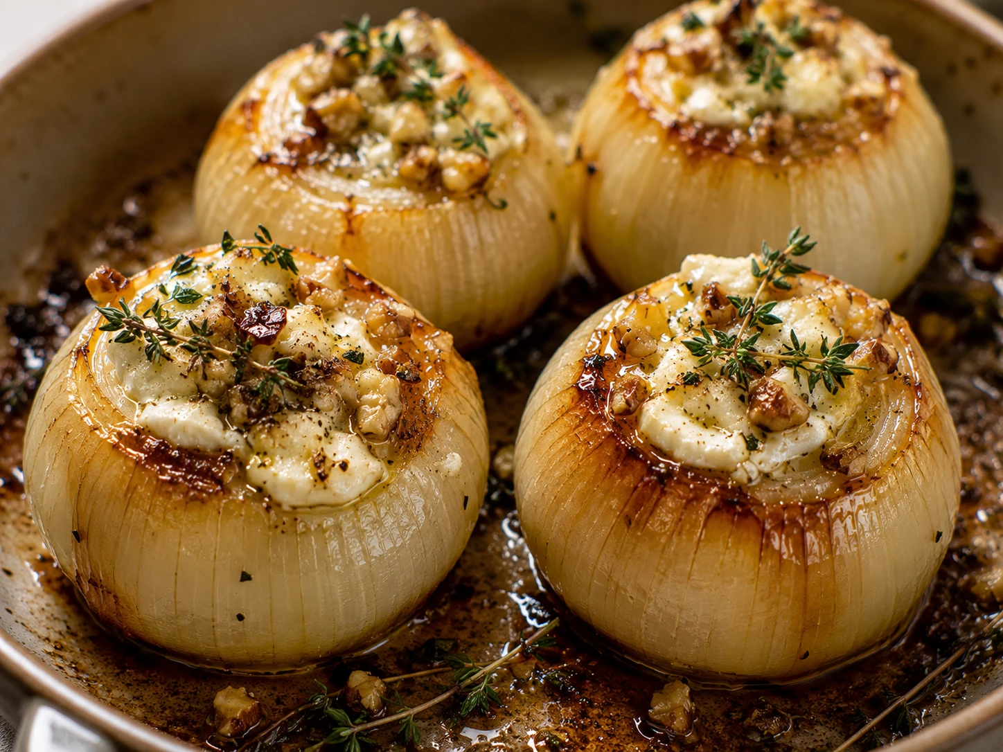 Cebollas enteras asadas con tomillo y queso de cabra: una receta simple que sorprende