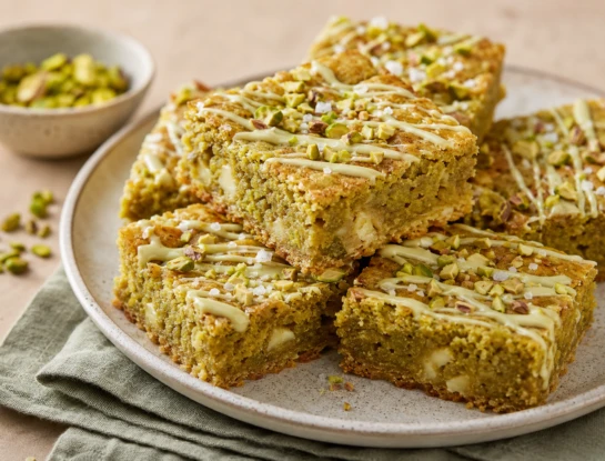Blondie de pistacho con chocolate blanco: la receta húmeda y cremosa que compite con el brownie