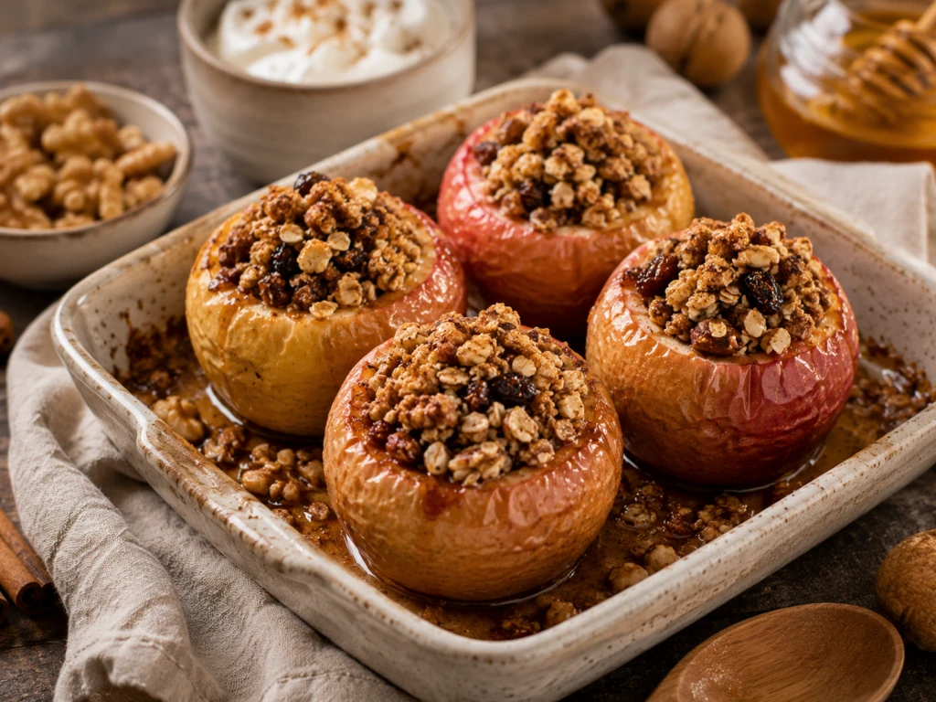 Manzanas rellenas al horno con avena y nueces: la receta del postre saludable que parece una mini tarta