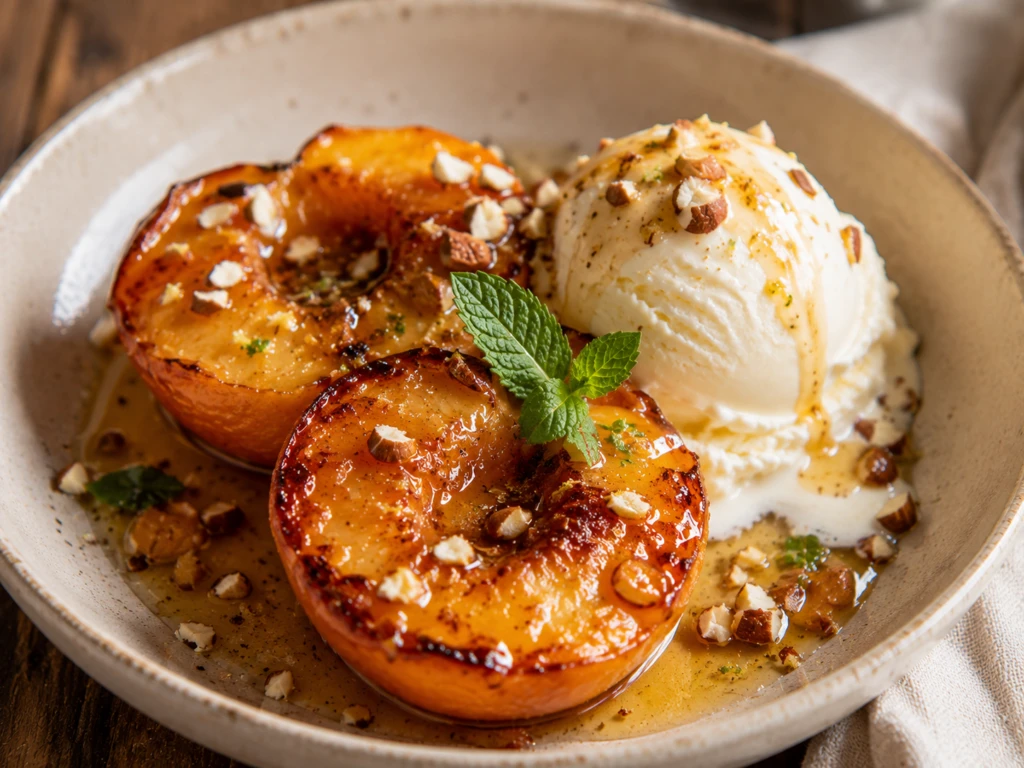 Duraznos asados con manteca avellanada y helado de vainilla: la receta del postre elegante que se hace con pocos ingredientes