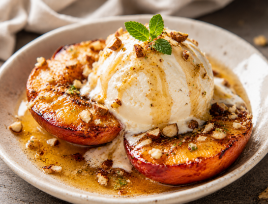 Duraznos asados con manteca avellanada y helado de vainilla: la receta del postre elegante que se hace con pocos ingredientes