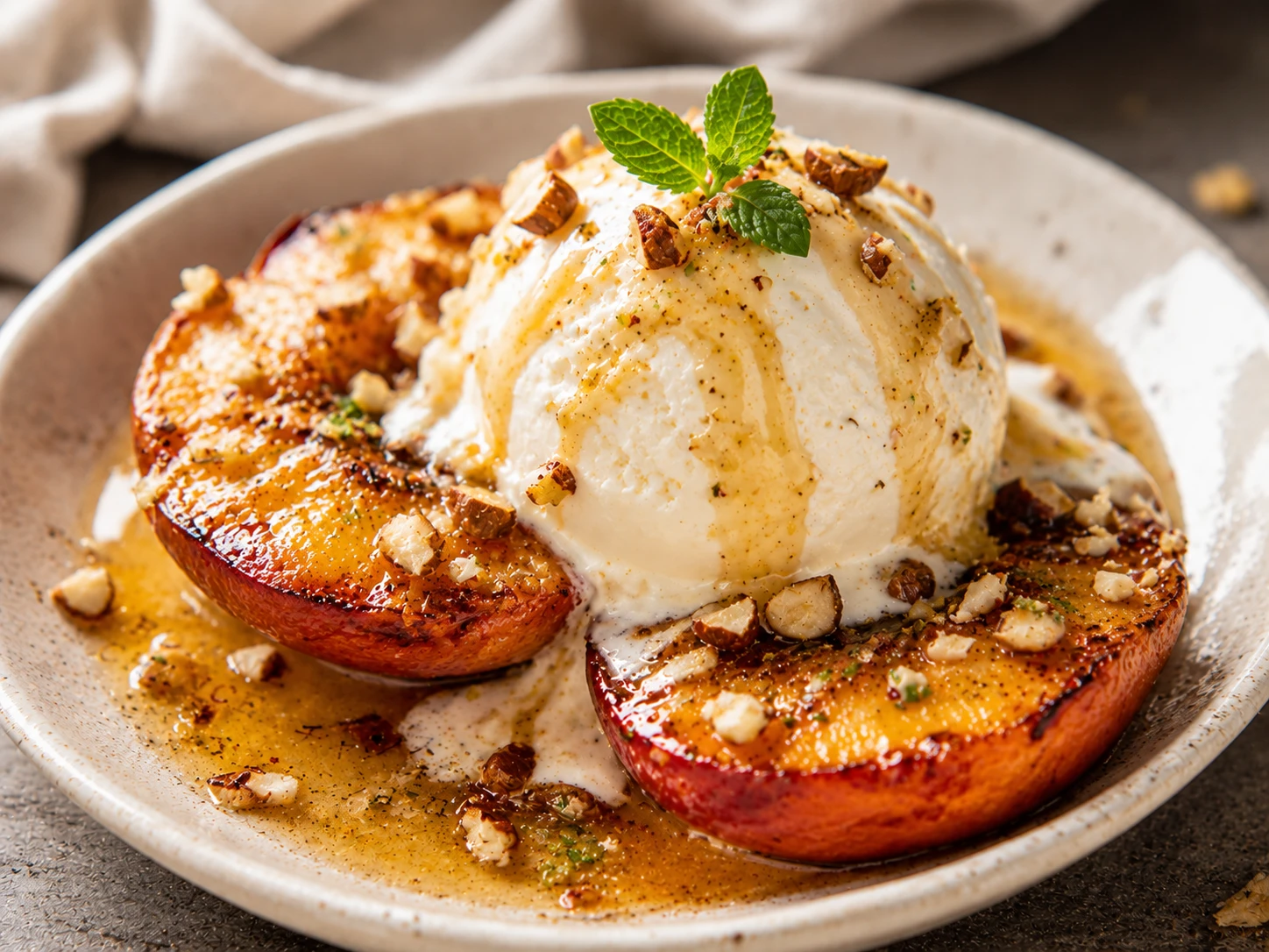 Duraznos asados con manteca avellanada y helado de vainilla: la receta del postre elegante que se hace con pocos ingredientes