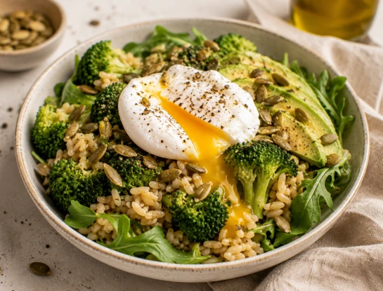 Ensalada tibia de arroz integral, brócoli y huevo poché: una receta saludable, completa y llena de textura