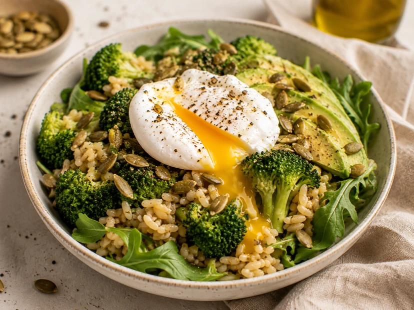 Ensalada tibia de arroz integral, brócoli y huevo poché: una receta saludable, completa y llena de textura