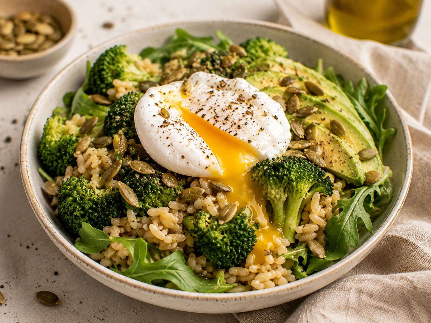 Ensalada tibia de arroz integral, brócoli y huevo poché: una receta saludable, completa y llena de textura