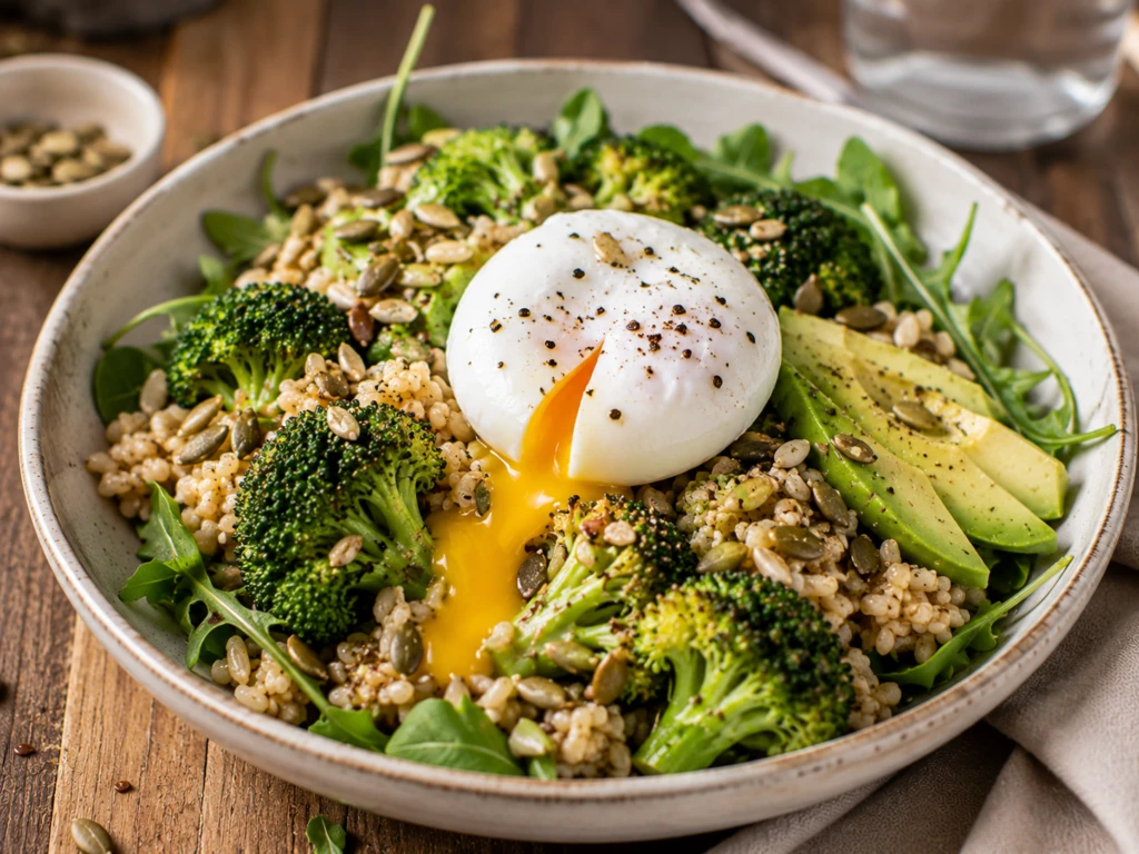 Ensalada tibia de arroz integral, brócoli y huevo poché: una receta saludable, completa y llena de textura

