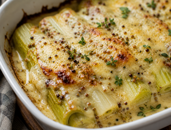 Puerros gratinados con mostaza antigua y queso: la receta fácil, cremosa y gourmet que siempre queda bien