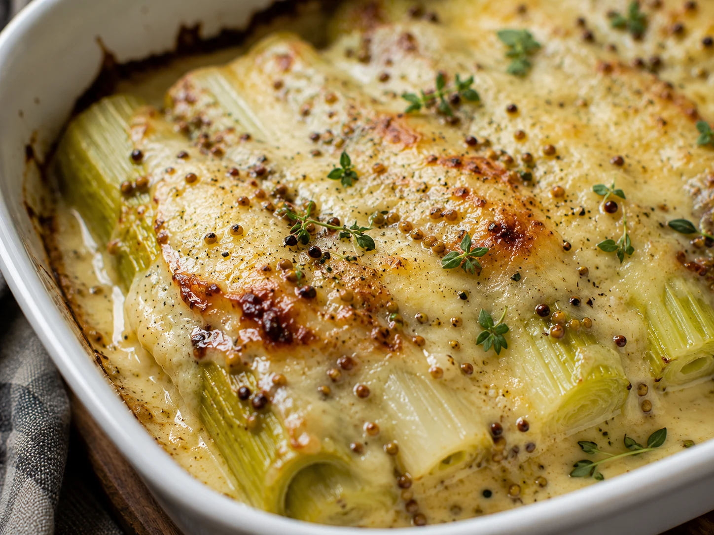 Puerros gratinados con mostaza antigua y queso: la receta fácil, cremosa y gourmet que siempre queda bien