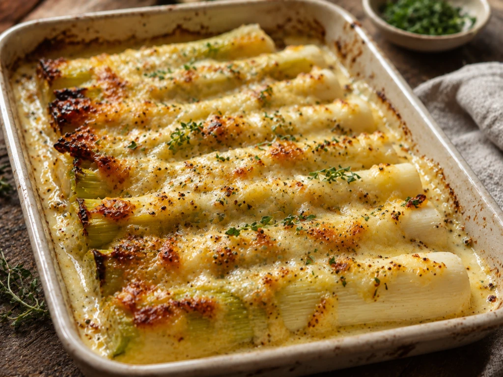 Puerros gratinados con mostaza antigua y queso: la receta fácil, cremosa y gourmet que siempre queda bien