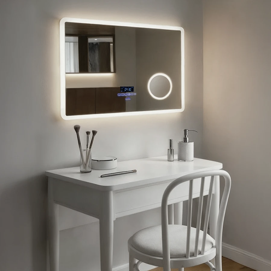 Espejo inteligente para baño con iluminación LED integrada, funciones táctiles y diseño minimalista sobre una bacha moderna.