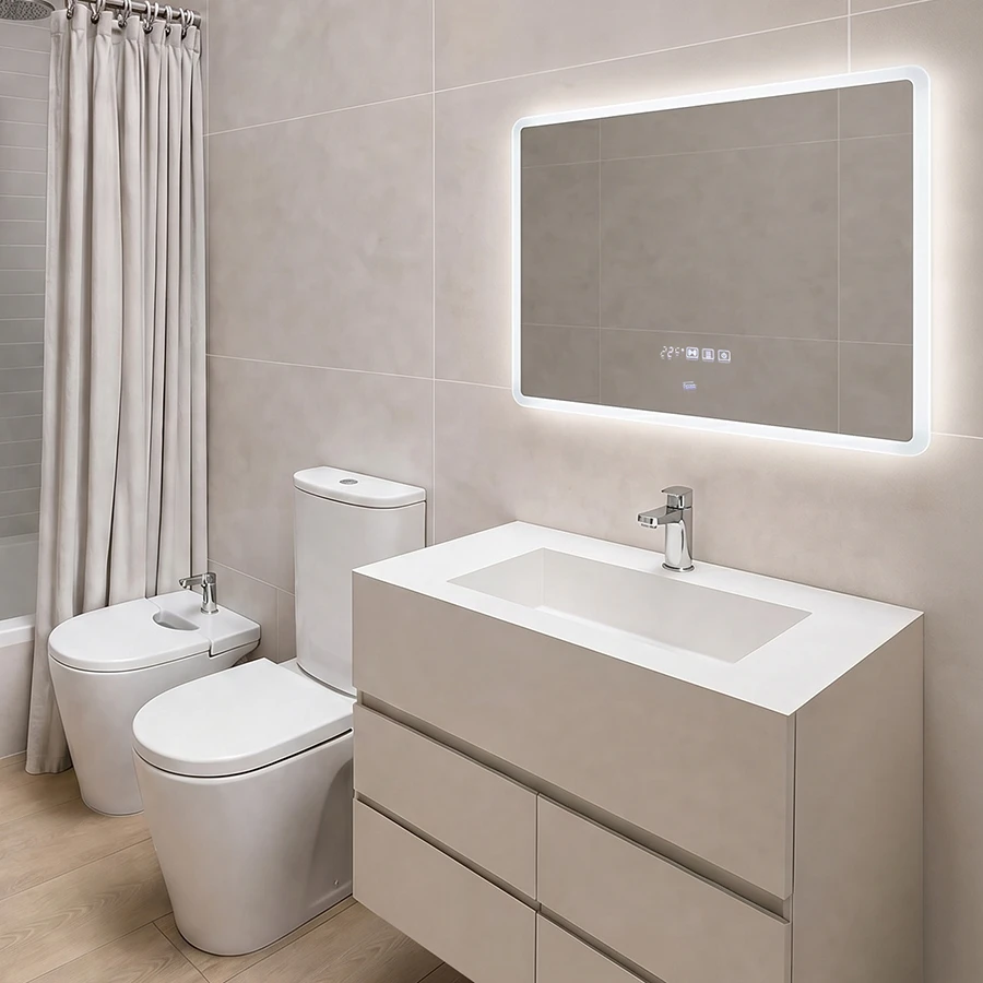 Espejo inteligente para baño con iluminación LED integrada, funciones táctiles y diseño minimalista sobre una bacha moderna.