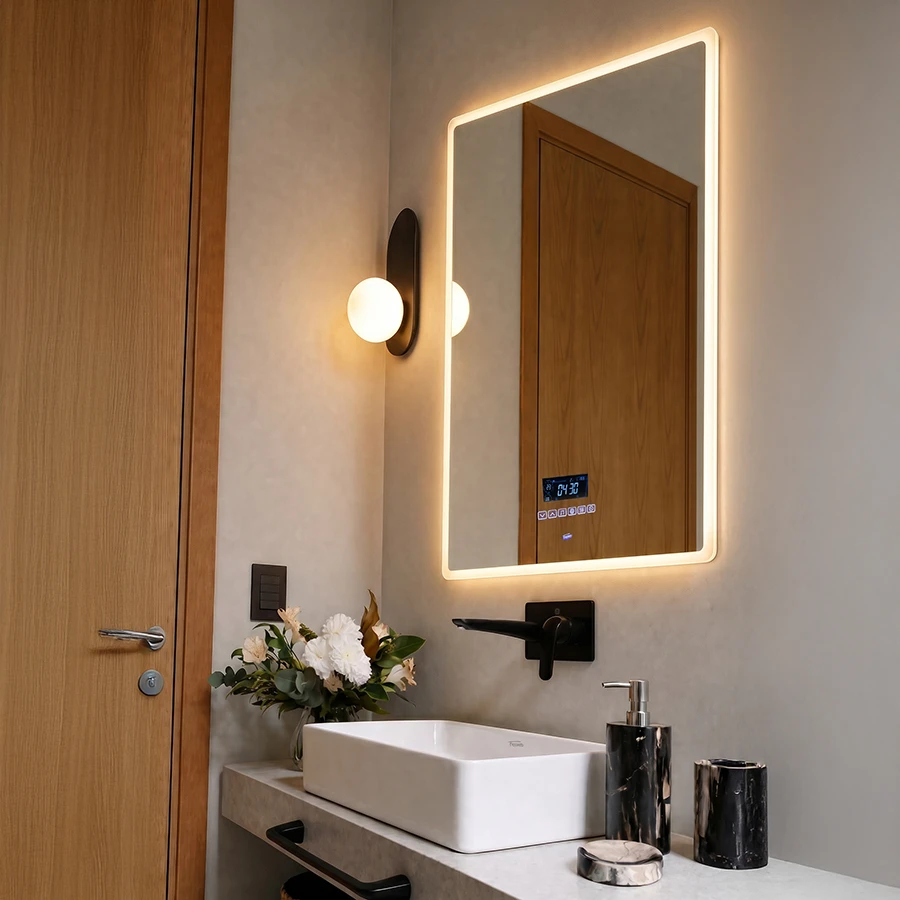 Espejo inteligente para baño con iluminación LED integrada, funciones táctiles y diseño minimalista sobre una bacha moderna.
