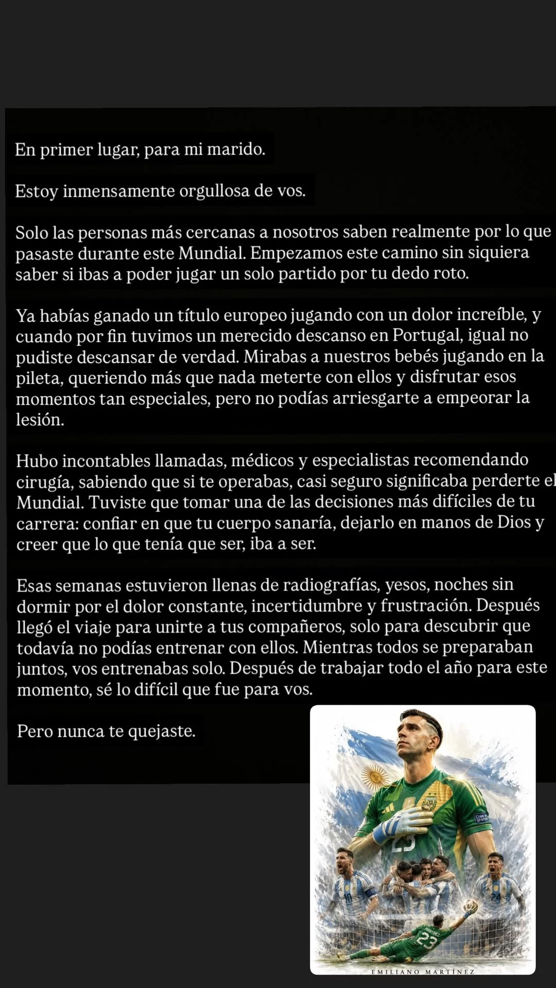 “Tuviste que tomar una de las decisiones más difíciles de tu carrera”: el conmovedor mensaje de Mandinha Martínez para el Dibu tras el Mundial