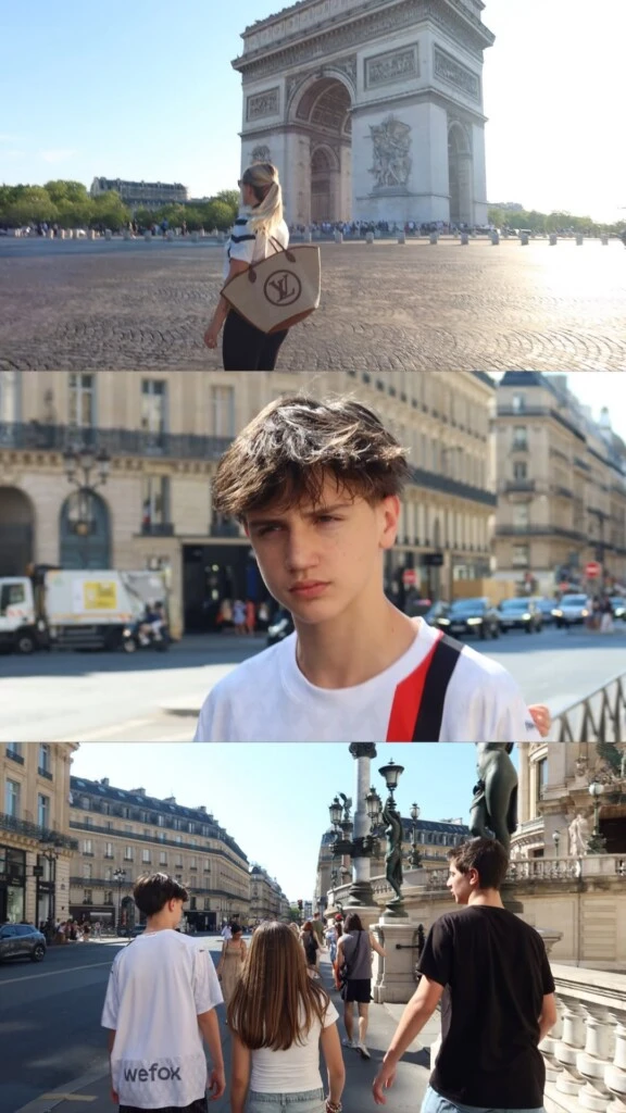  En una de ellas posó frente al Arco del Triunfo con un look cómodo y urbano compuesto por un pantalón oscuro, remera blanca de mangas cortas y un amplio bolso en tonos camel y beige.