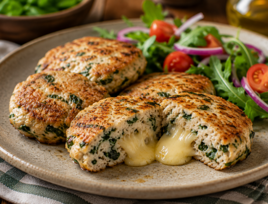 La receta fácil del día: hamburguesas de pollo y espinaca rellenas de queso, proteicas y listas en 30 minutos
