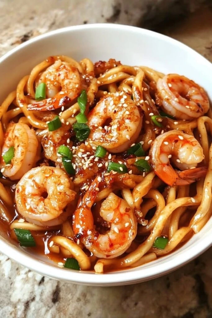 Wok de pasta, verduras y langostinos. Foto: Pinterest