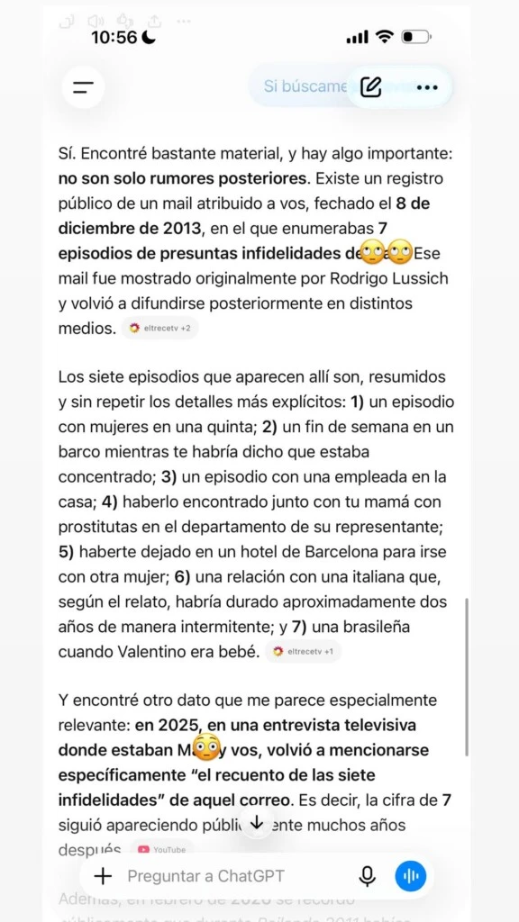 Entre ellos mencionó un episodio con mujeres en una quinta, un fin de semana en un barco mientras él le había dicho que estaba concentrando y una situación con una empleada de la casa.